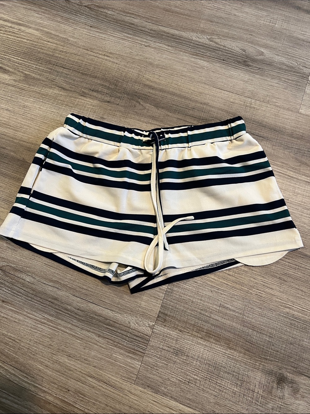 Fashion Nova Cream Striped Athletic Shorts with Navy and Dark Green Accents